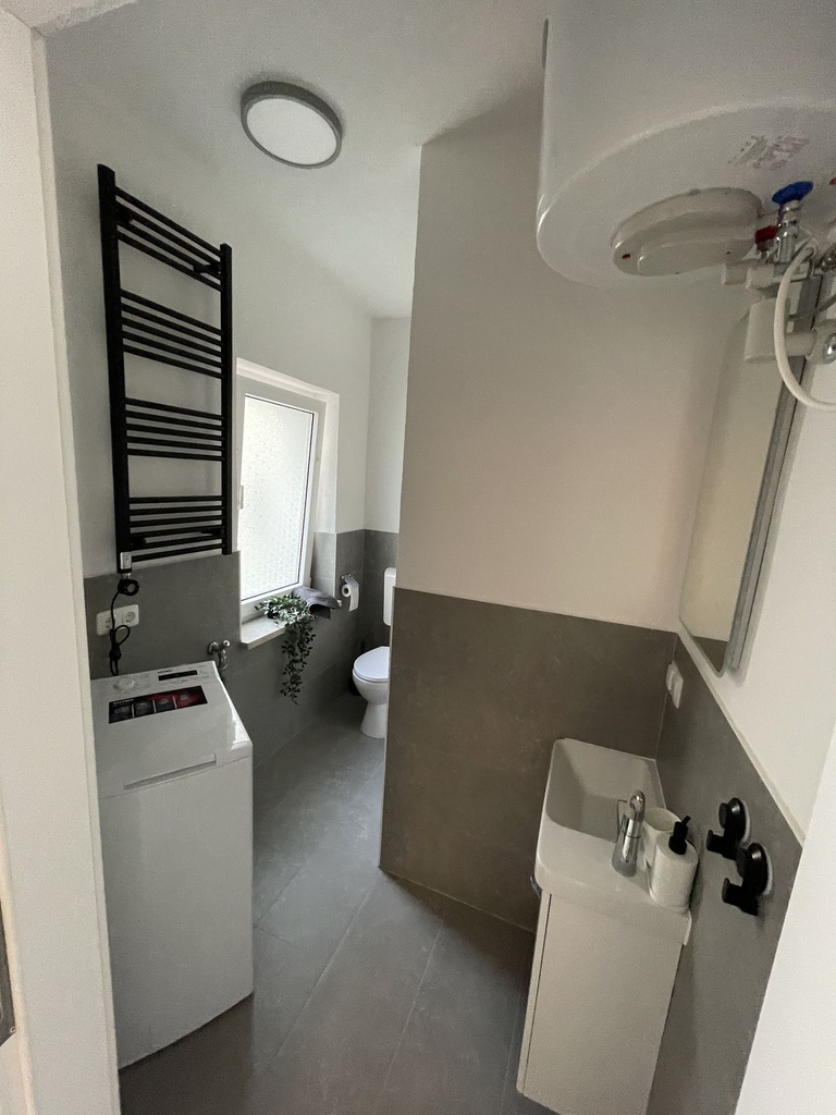Badezimmer mit Dusche und WC und Waschmaschine