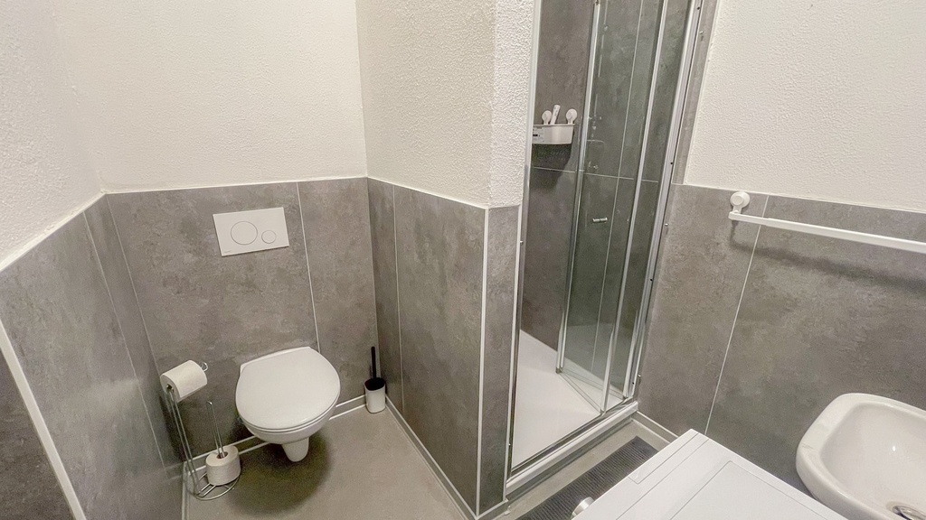 Badezimmer mit Dusche und WC sowie Waschmaschine
